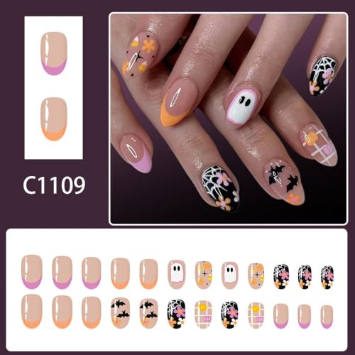 Halloween Press on Nails Short Almond Fake Nails Ghost Bat Design 24Pcs