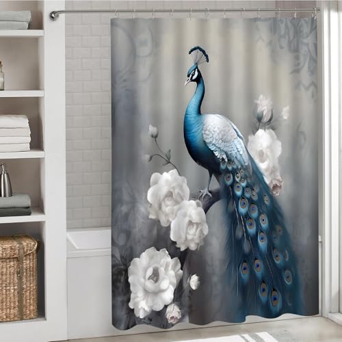 Peacock Shower Curtain 70" x 70" - Blue Bird Design for Bathroom