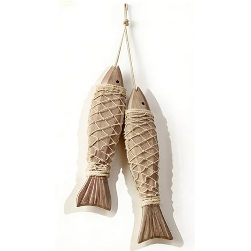 Wooden Fish Decor with Fishing Net - Nautical Wall Art Accent