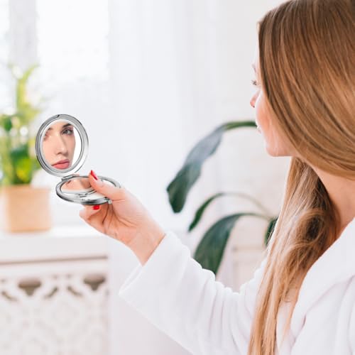LALAFINA Silver Compact Mirror, Round Double Sided Pocket Makeup Mirror