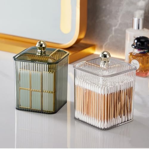 RANNYOZIO 2 Pack Acrylic Cotton Swabs Holder with Lid - Blackish Green Bathroom Organizer