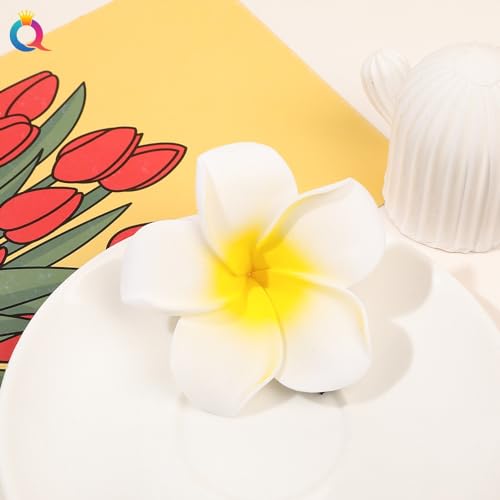 4 Pcs Hawaiian Plumeria Flower Hair Clips 7cm White and Pink Foam