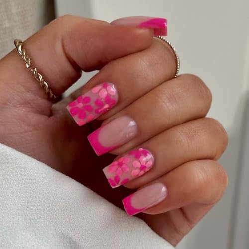 Short Square Press on Nails Rose Red Flower Glossy False Nails