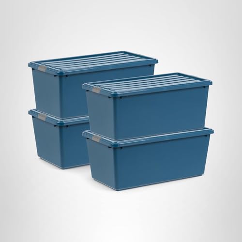 IRIS USA 91 Qt Stackable Plastic Storage Bins with Lids, 4 Pack - BPA-Free, Eco-Friendly, Discreet Organizing Solution, Latches, Durable Nestable Containers, Secure Pull Handle, Made in USA - Navy