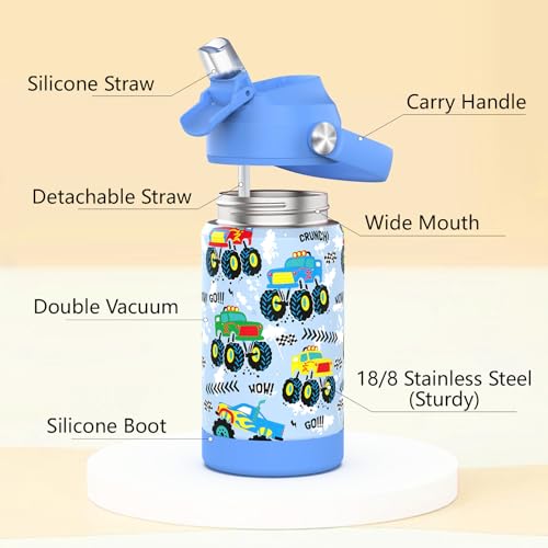 Monster Truck Insulated Water Bottle with Straw - 12 oz Kids Cup