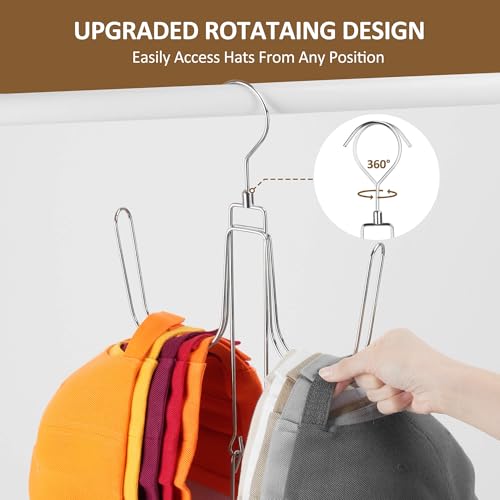 Silver Rotatable Hat Organizer for Closet, Holds Up to 40 Caps, Space-Saving Storage