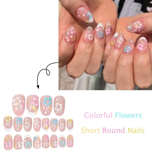 Short Almond Press on Nails Glossy White French Floral False Nails