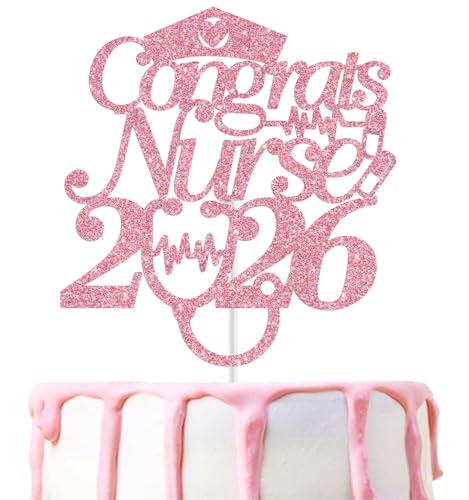 Congrats Nurse 2026 Cake Topper - Pink Glitter for Graduation
