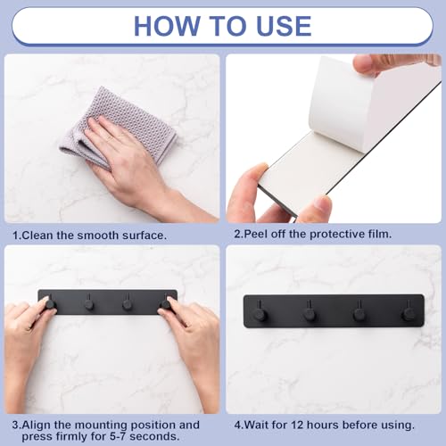 Yunzt Black Adhesive Key Holder for Wall with 4 Hooks - Stainless Steel