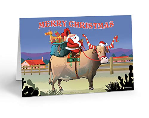 Western Christmas Card Set - Santa Rides Texas Longhorn - 18 Holiday Cards & Envelopes