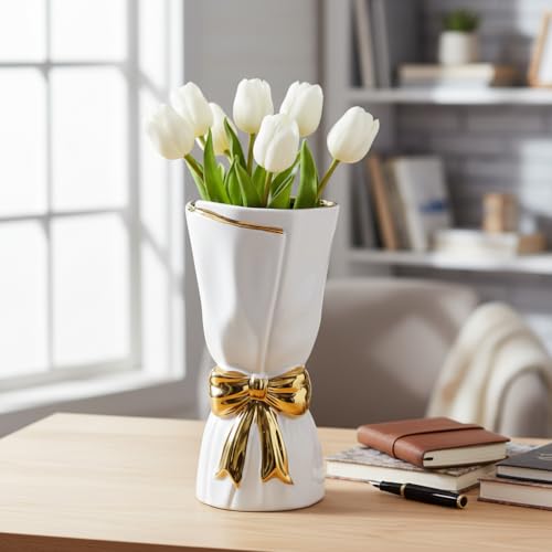 10 Inch White Bow Vase - Modern Ceramic Flower Vase for Home Decor