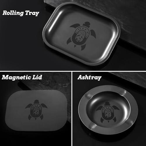 Metal Rolling Tray Set with Magnetic Lid and Ashtray, Funny Turtle Design