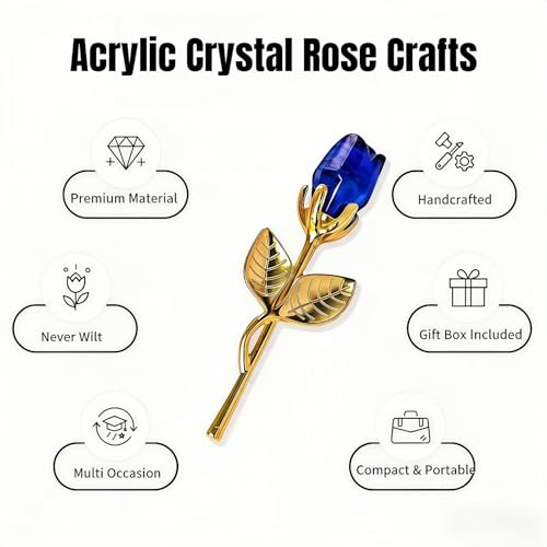 Blue Acrylic Crystal Rose with Gold Alloy Stem - Elegant Gift