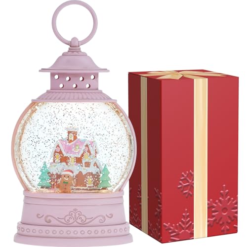 Pink Lantern Musical Snow Globe with Gingerbread House & Man - Christmas Decor - Ty- Gingerbread House