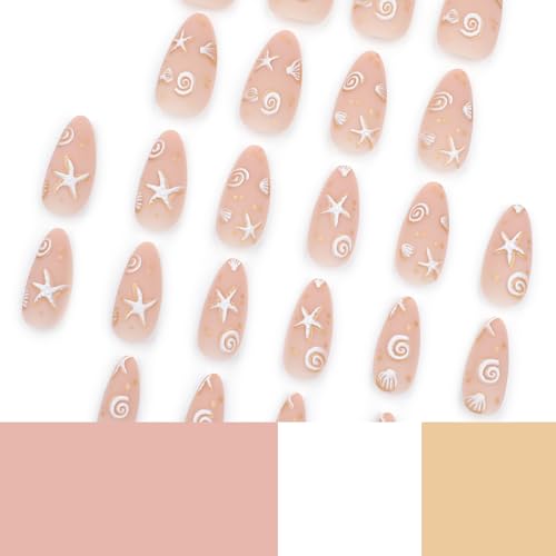 3D Nude Beach Press On Nails Almond Medium Fake Nails White Seashell