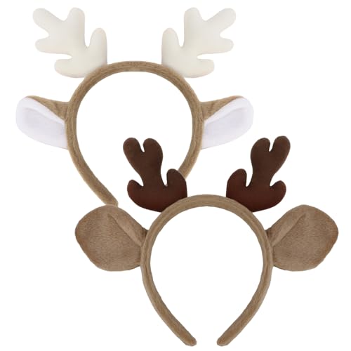 BAHABY Reindeer Antlers Headband 2 Pack Plush Faux Fur Deer Ears