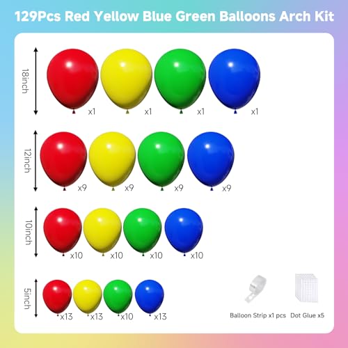 129PCS Colorful Balloon Arch Kit - Red, Yellow, Blue, Green