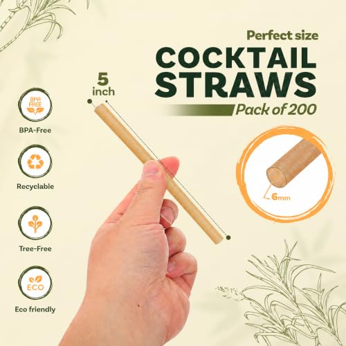 Weemium Biodegradable Sugarcane Cocktail Straws - 200 Count, 5 Inch