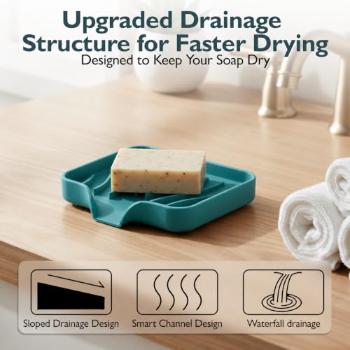 Self Draining Silicone Soap Dish with Drain Spout - Bathroom & Kitchen Sink Organizer