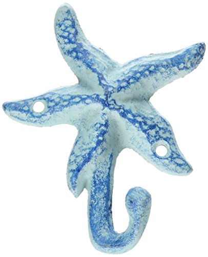 Cast Iron Wall Hook Blue Starfish Design 4.75 Inch Coastal Decor