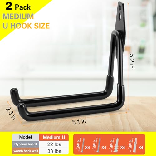 Heavy Duty Garage Hooks for Tool Storage - 2 Pack Wall Mount Hangers