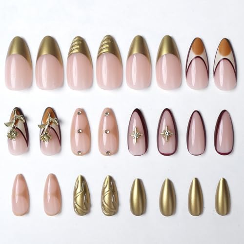 BUNLVDI Medium Almond Press on Nails French Tip Metal Star Fake Nails