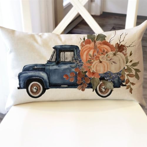 PANDICORN Navy Blue Fall Throw Pillow Cover 12x20 - Floral Pumpkin Design for Home Decor