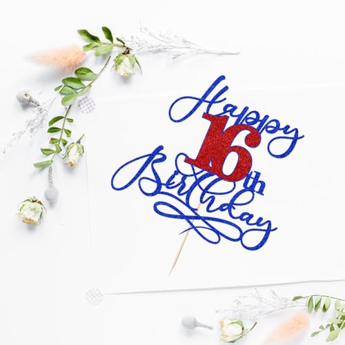 16th Birthday Cake Topper - Deep Blue & Red Glitter Design