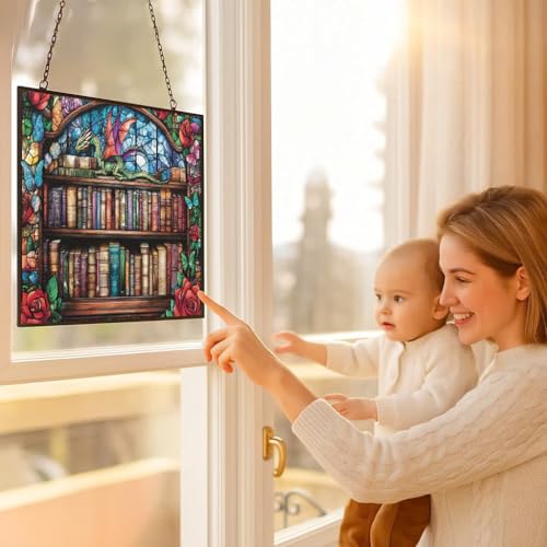 Whimsical Dragon on Bookshelves Stained Glass Suncatcher - Rectangular