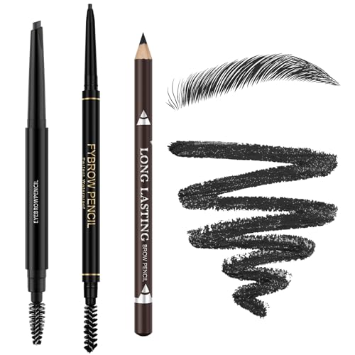 LAVONE 3-Pack Waterproof Eyebrow Pencil with Brush, Long-Lasting Black Brow Pencil Set