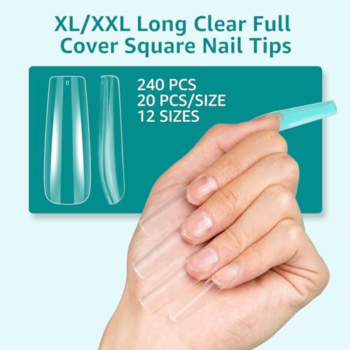 XXL Extra Long C Curve Square Nail Tips - 240PCS Clear Full Cover Fake Acrylic Nails