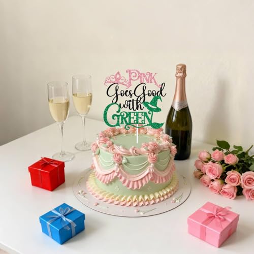 Witch-Themed Pink and Green Cake Topper for Birthday Parties