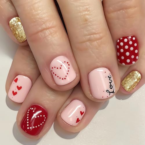 Valentine Heart Press On Nails Short Square Acrylic False Nails