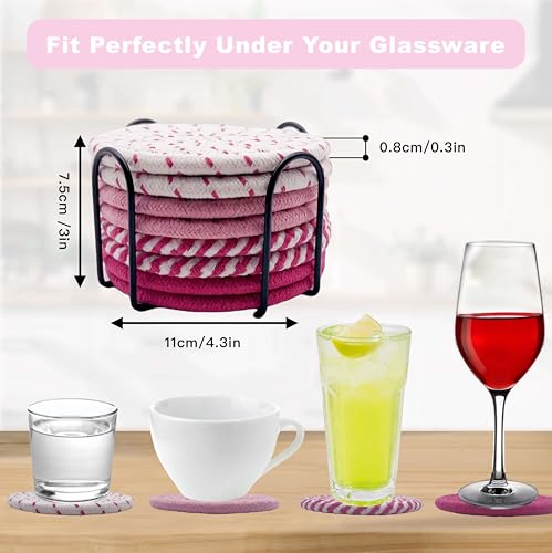 8 Pack Handmade Pink Coasters - Absorbent Cotton Drink Coasters for Desk & Coffee Table