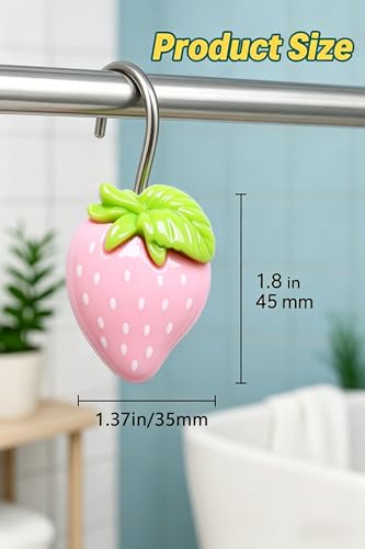 YOINIUEM Strawberry Shower Curtain Hooks, 12-Pack Resin Rings - Pink & Green