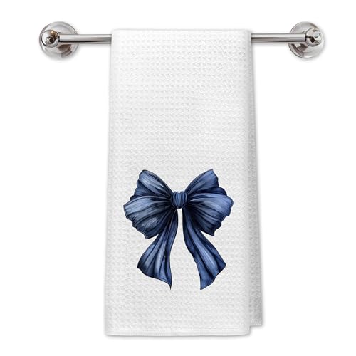 PIUD Navy Blue Bow Kitchen Towels, Preppy Waffle-Weave Hand Towels 16x24