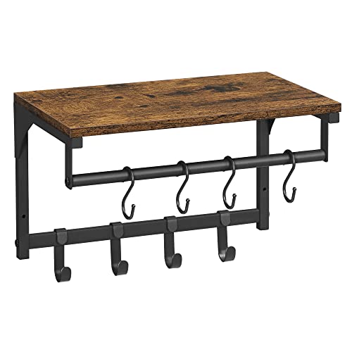 VASAGLE Laundry Room Shelf Wall Mounted, Coat Rack Shelf, with 8 Removable Hooks, for Entryway, Living Room, Kitchen, Bedroom, 15.7 x 9.4 x 9.4 Inches, Rustic Brown and Black ULCR103B01