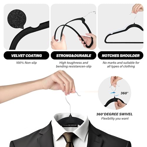 Simple Deluxe 50 Pack Velvet Hangers, Non-Slip Clothes Hangers with Shoulder Notches, 360¡Æ Swivel Hooks, Heavy Duty Coat Suit Hangers for Coats & Pants, Black