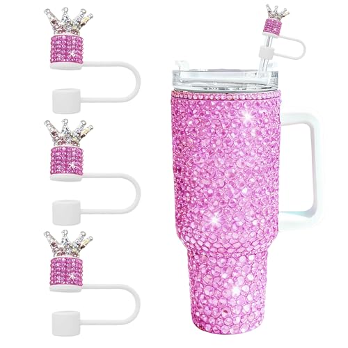 3Pcs Crown Diamond Straw Toppers Set for Stanley Cup - Bling Straw Covers with Glittering Rhinestones for 30 & 40 Oz Tumblers,21 Colors for Princess Girls Gift (Hot Pink)