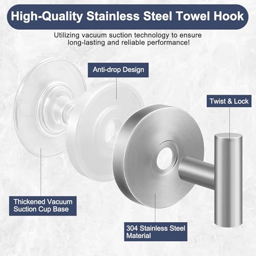 Silver Heavy Duty Suction Cup Hooks 4 Pack - No-Drill Bathroom Towel Holders