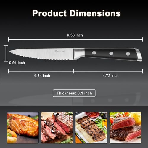 Black Steak Knives Set of 6 - 4.8 Inch German Stainless Steel Serrated Kitchen Knives with Block, Dishwasher Safe