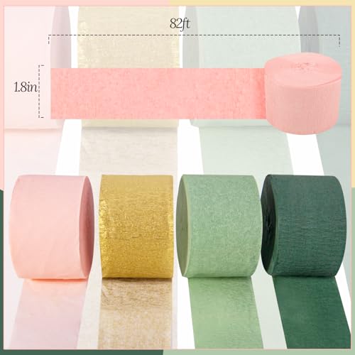 8 Rolls Sage Green Crepe Paper Streamers for Party Decorations, Boho Wedding & Baby Shower, Gold & Pink Variants