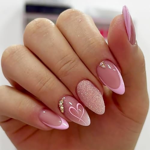 Valentine Press On Nails Medium Almond Pink Gradient Heart Rhinestone 24Pcs