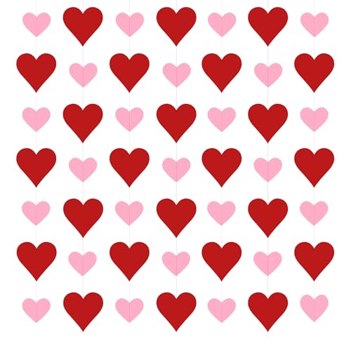 Heart Garland Decorations - 4 Pack Red & Pink Streamers for Valentine's Day