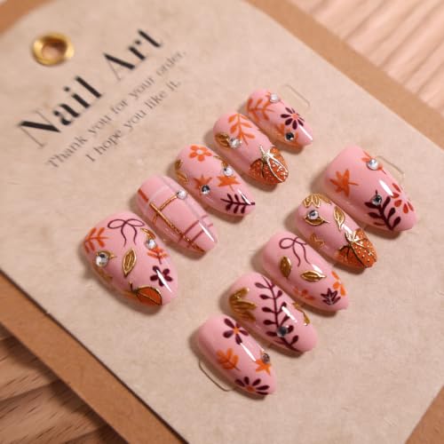Fall Press On Nails Short Almond Thanksgiving Fake Nails with Rhinestones