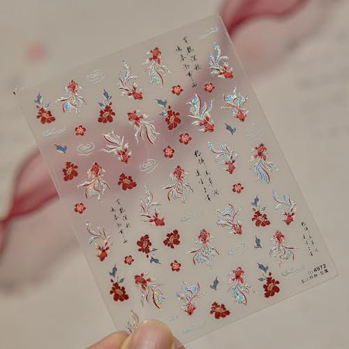 5D Embossed Golden Koi Fish Nail Art Stickers Spring Flowers Decals