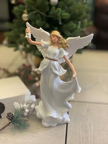 Praying Angel Sculpture with LED Light - 12.9-Inch Porcelain Guardian Figurine Christmas Decor