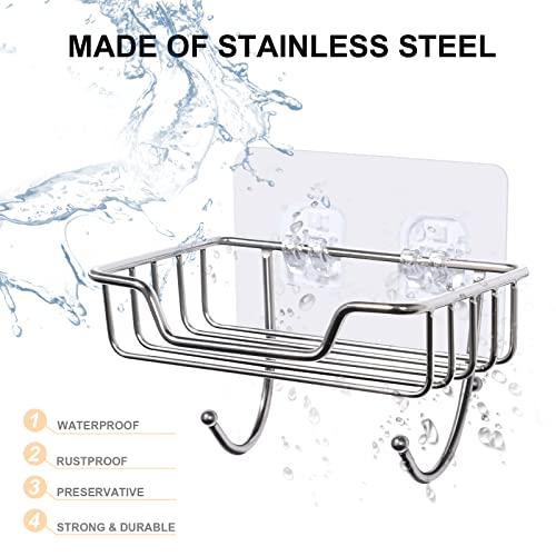 Uten 1 Pack Stainless Steel Shower Soap Holder with Hooks, No-Drill Wall Mount, Silver