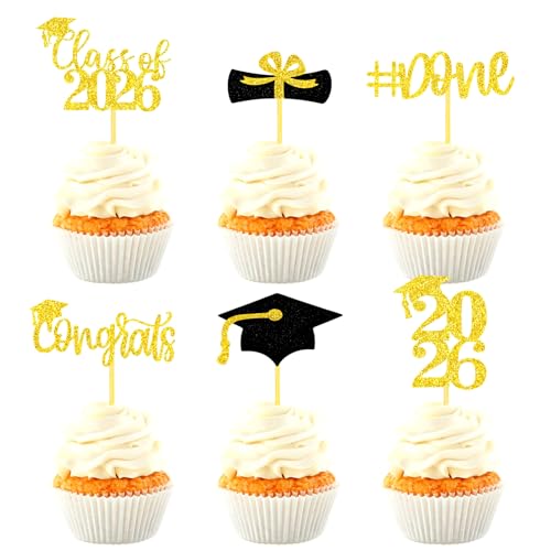Gold Glitter Graduation Cupcake Toppers - 24 Pcs Class of 2026