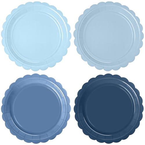WNINK 48 Pcs Gradient Blue Disposable Paper Plates - 7" Scalloped Dessert Plates for Parties